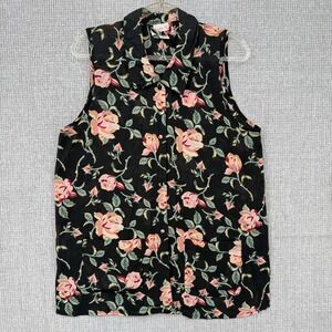 Vtg Judith Hart Floral Sleeveless Button Top Black Pink Roses Sz  L‎ Cottage Y2K